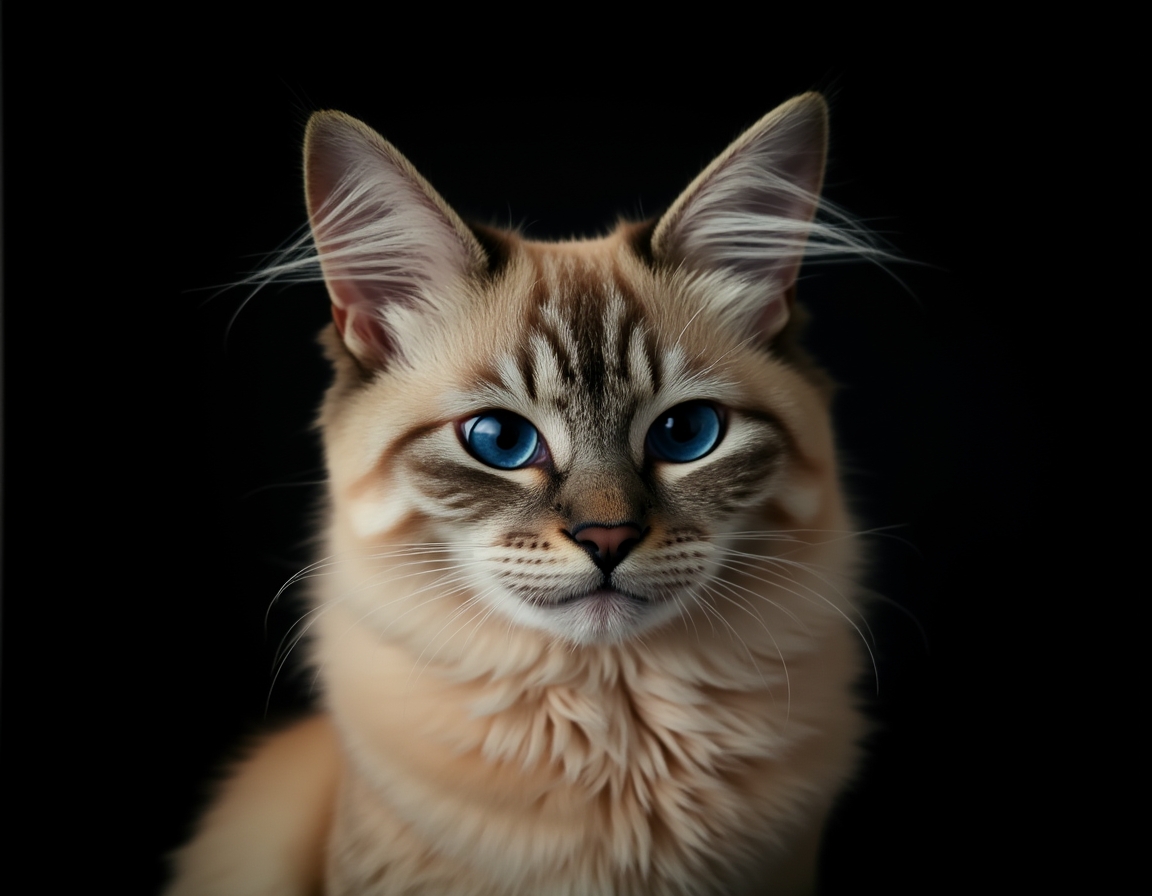 Close-up portrait of cat on a black background, with its alert expression and intricate details of its fur and whiskers in sharp focus.
